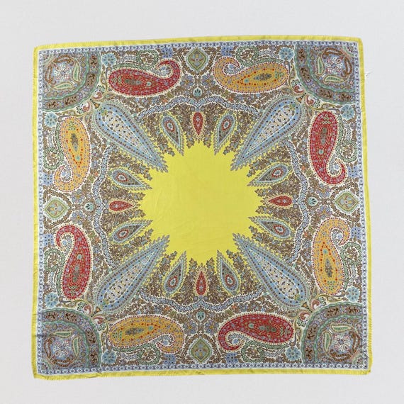 Vintage 100% Silk Scarf Made in Italy Yellow Paisley Floral Square Neck Scarf Retro Bohemian Chic Large Silk Wrap Moonbat Accessory