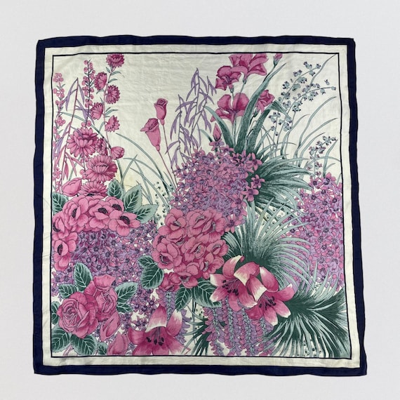 Vintage Floral Silk Scarf Pink Purple Lilies Navy Blue Border Hand Made Large Square Scarf 28.5x27.5 Botanical Print Luxury Gift for Her