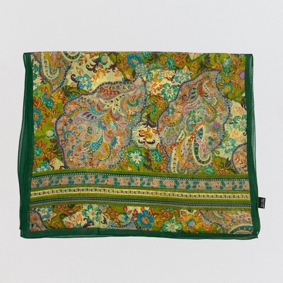 Vintage 100% Silk Paisley Scarf Green Floral Boho Long Rectangular Wrap Shawl Sheer Lightweight Bohemian Accessory Made in Korea 65x20