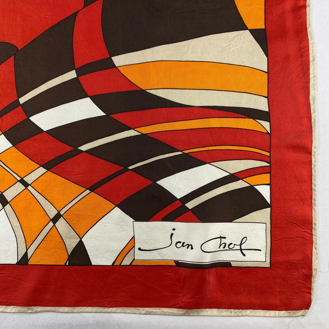 Vintage Jean Chef Silk Scarf Abstract Geometric Mod Op Art Orange Red Brown Square Head Wrap 31x30 1970s Retro Designer Silk Neckerchief, photo 2 sur 5