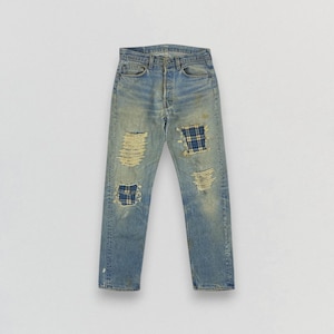 Vintage Levi's 501 enkele steek aangepaste patchworkjeans Distressed 66 gerepareerd denim rode lipje met rechte pijpen W29 L31 Made in USA