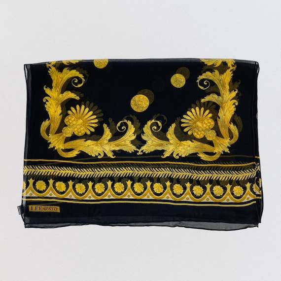 Vintage Lee Wonjae 100% Silk Scarf Black Gold Baroque Ornate Chiffon Wrap Elegant Long Designer Neck Scarf Made in Korea 57x20.5 Inches