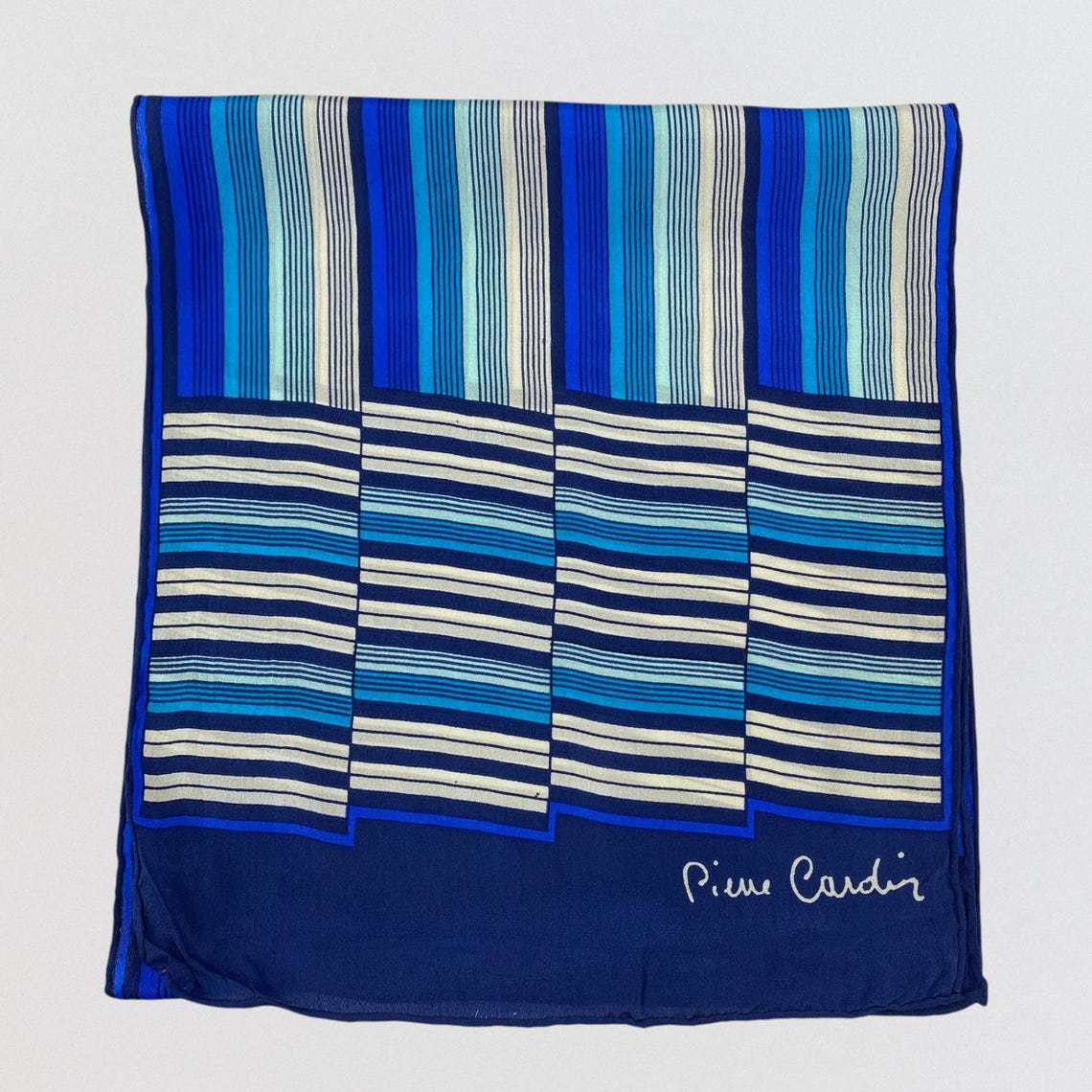 Vintage Pierre Cardin Silk Scarf Blue White Striped Geometric Neck Scarf 100% Silk Made in Japan Designer Fashion Accessory Gift for Her, photo 1 sur 5