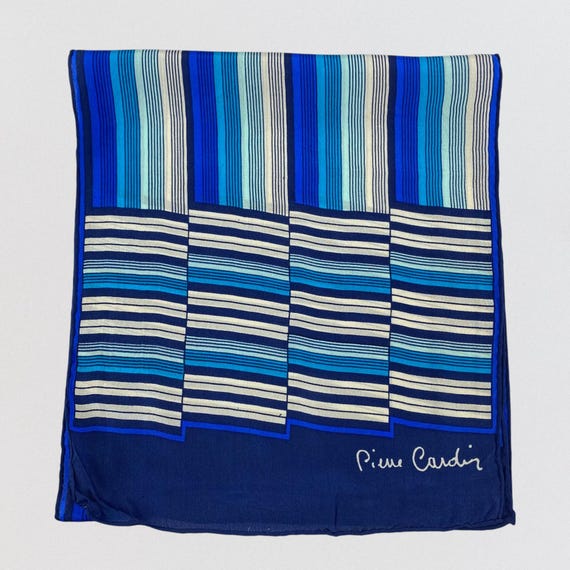 Vintage Pierre Cardin Silk Scarf Blue White Striped Geometric Neck Scarf 100% Silk Made in Japan Designer Fashion Accessory Gift for Her