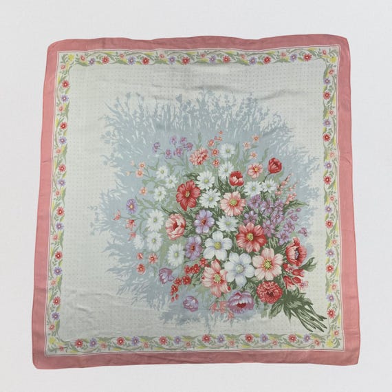 Vintage Japanese 100% Silk Scarf Floral Bouquet Pink Border Large Square Handkerchief, Made in Japan, Cottagecore Aesthetic, Gift for Her