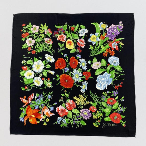 Vintage Jim Thompson Silk Scarf Floral Poppies & Daisies Print Black Square Handkerchief 18x18 Designer Neck Scarf Accessory
