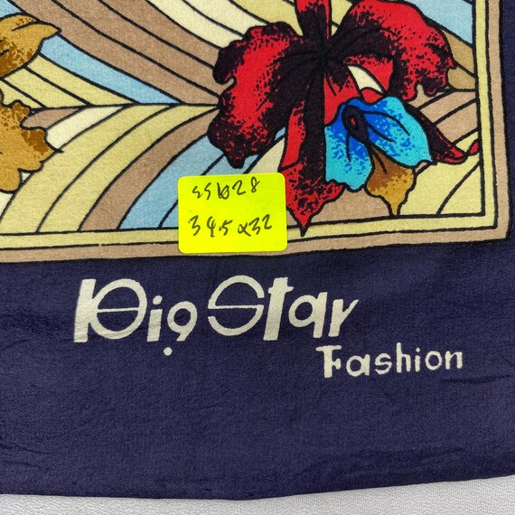 Vintage Big Star Fashion Silk Scarf Large Floral Orchid Art Deco 70s Mod Retro Hair Wrap Graphic Navy Blue Light Sky Square Neck Tie View 6