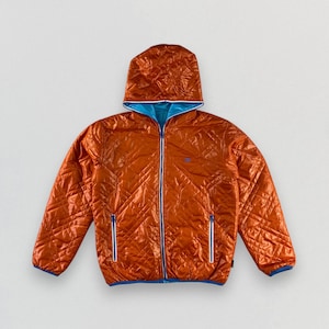 Y2K Billabong vändbar quiltad jacka stor L | Orangeblå täckjacka | Y2K bomberjacka med huva | Gorpcore ytterjacka för skidor och snowboard