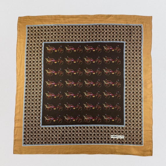 Vintage Fiorellini 100% Silk Scarf, Equestrian Horse Carriage Print, Hand Rolled Hand Printed Brown Gold Square Scarf, Designer Silk Shawl