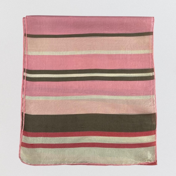 Vintage Japan 100% Silk Striped Scarf Pink Olive Green Brown Long Stole Accessory Wakabayashi Made in Japan Retro Silk Muffler 50x11