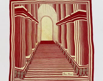 Vintage Nina Ricci Silk Scarf Red Architectural Column Print Designer Large Square Wrap Classical Colonnade Art Deco Parisian Chic Fashion