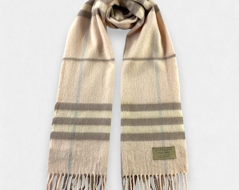 ■Burberrys■CASHMERE muffler beige/made in england バーバリー カシミア マフラー ベージュ イングランド製 SUN7 ① Logo Graphic Check Cashmere Large Square Scarf