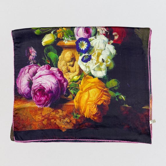 Vintage 100% Silk Scarf Floral Still Life Italian Silk Wrap Classical Art Cherub Design Large Rectangular Shawl Hand Rolled Hem 68x20"