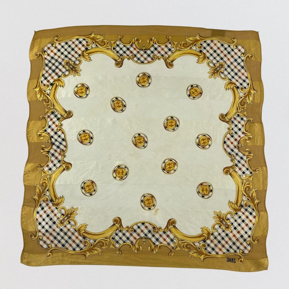 Vintage Daks London Silk Scarf Gold Baroque House Check Plaid Large Square Head Wrap Designer British Heritage Scarf Mustard Ivory 34x34