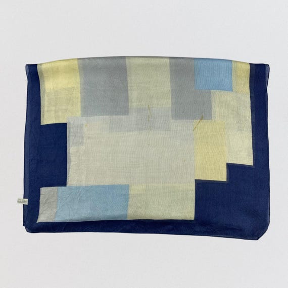 Vintage BYTÚ Milano 100% Silk Scarf 60x21 Abstract Geometric Print Navy Blue Cream Made in Italy Large Rectangular Silk Gauze Shawl Wrap