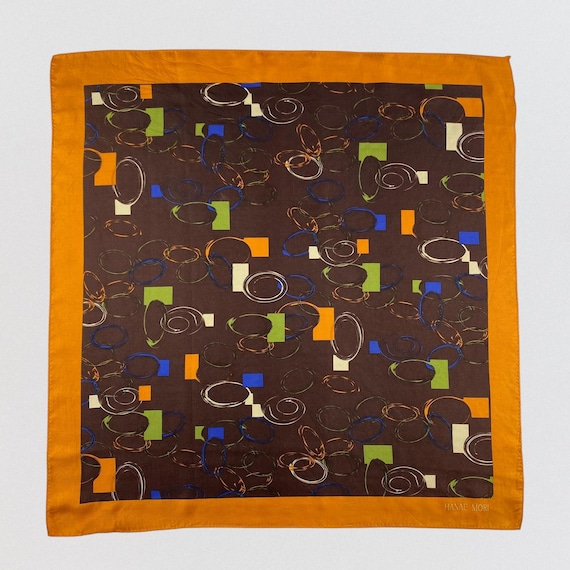 Vintage Hanae Mori Silk Scarf, Abstract Geometric Modernist Print Brown & Orange, Made in Japan Designer Neck Scarf, Retro Silk Wrap