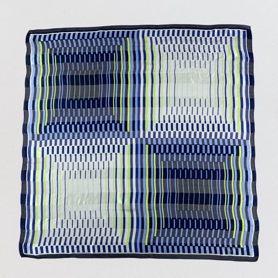 Vintage Rudolph Valentino 1921 Silk Scarf Large Square Navy Blue Lime Geometric Pattern Metallic Lurex Thread Italian Designer 34x34