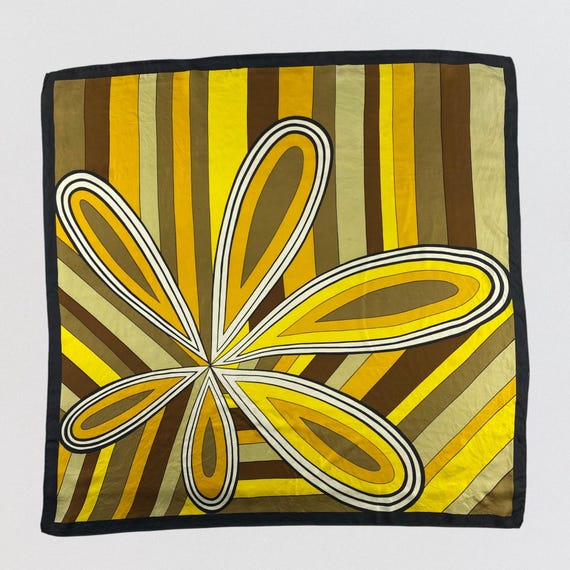 Vintage 70s Psychedelic Floral Silk Scarf Yellow Brown Geometric Mod Square Bandana Retro Art Neck Wrap Groovy Mod Chic Headscarf Gift