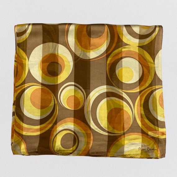 Vintage Pierre Cardin Silk Scarf, Retro 1970s Mod Geometric Circle Print, Long Oblong Designer Neck Scarf, Brown Orange Earth Tones, Japan