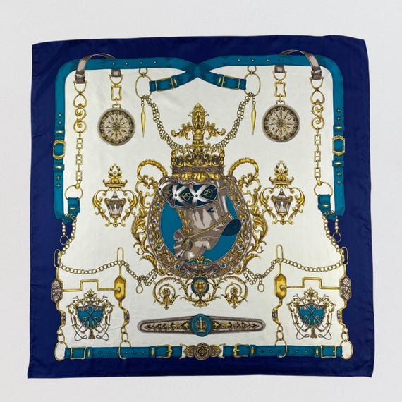 Vintage Royal Crest Silk Scarf Blue Gold Equestrian Chain Print Square Neck Scarf Luxury Regal Helmet Knight Coat of Arms Head Wrap 30x30