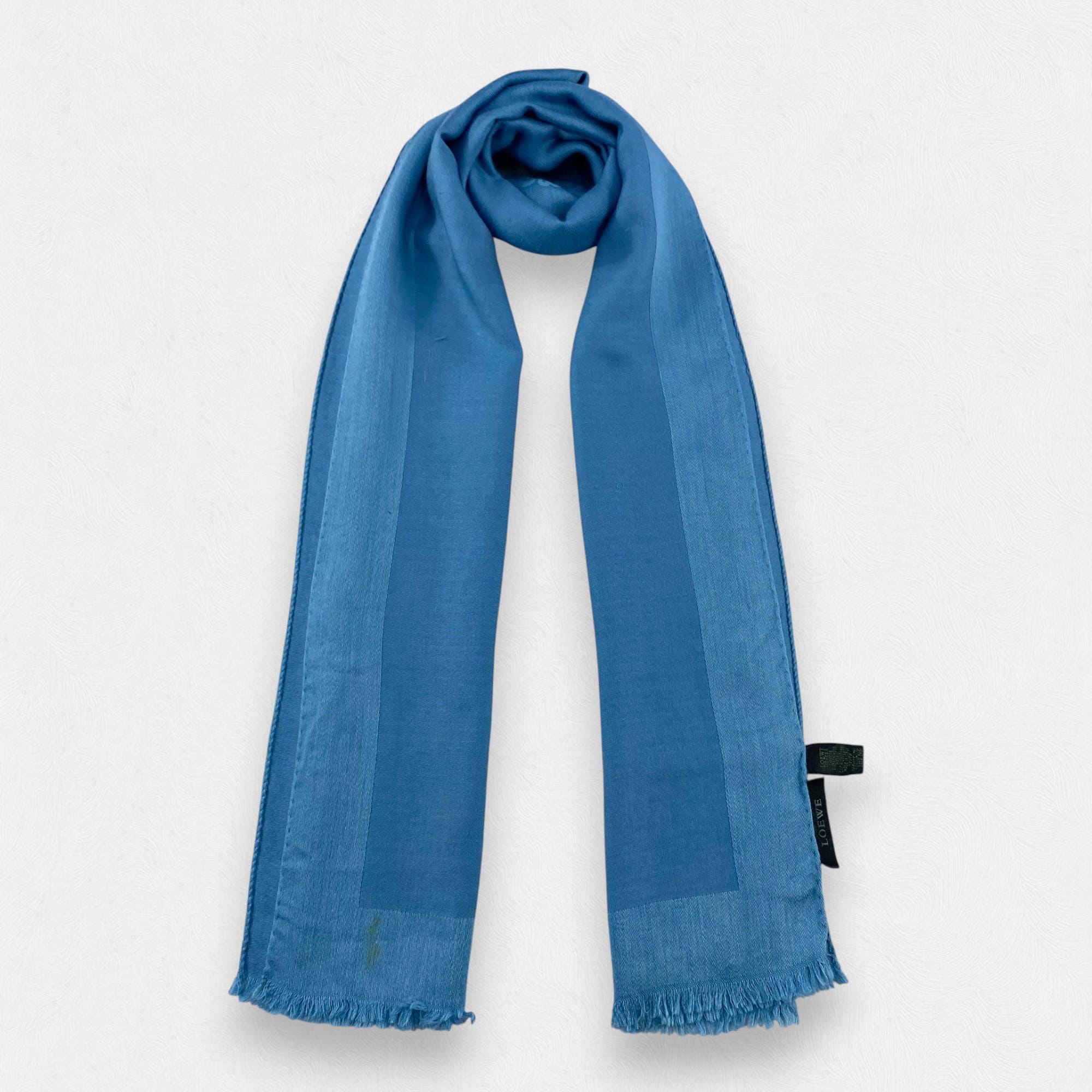 Authentic LOEWE Anagram Scarf Blue Wool Silk Blend Shawl Made in