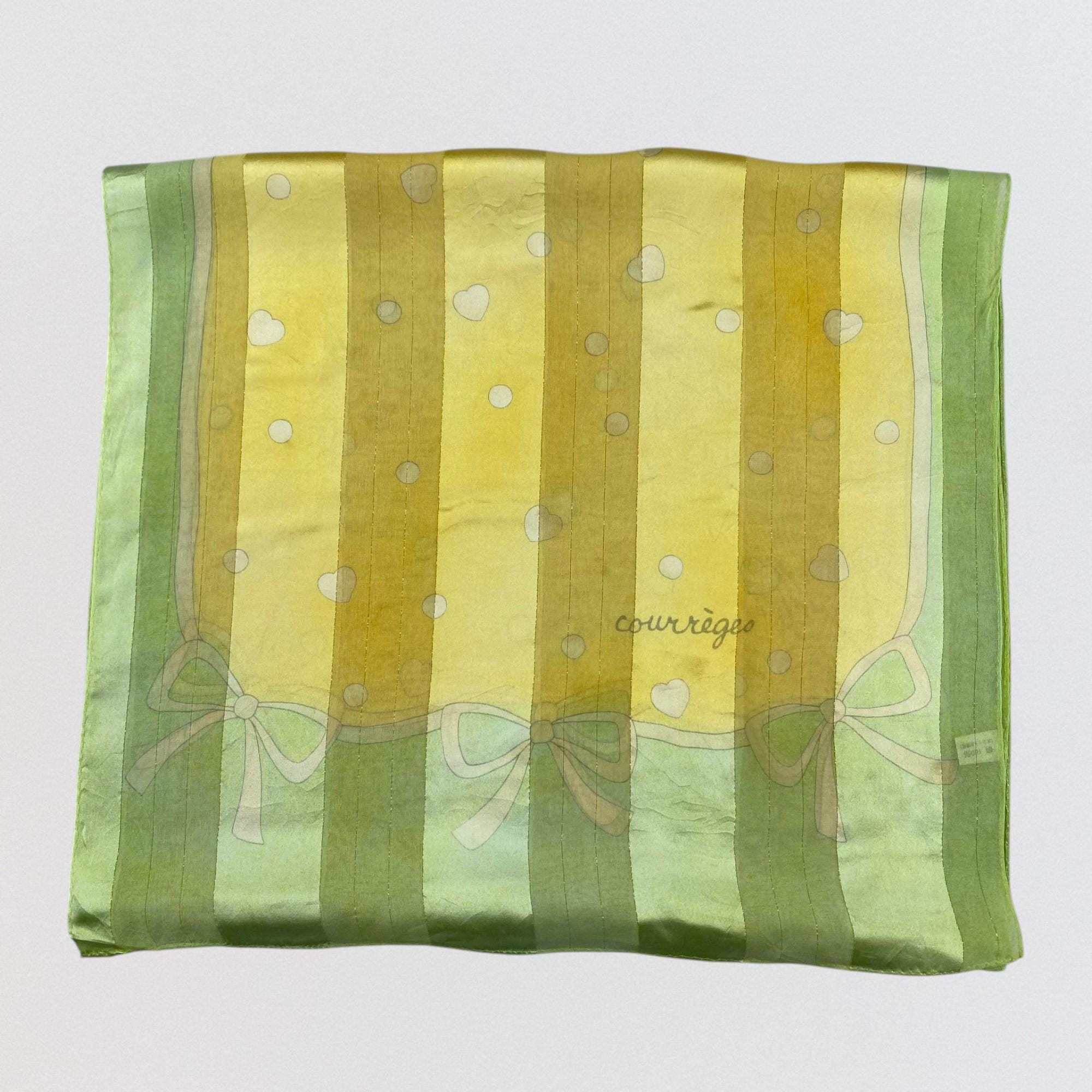 Vintage Courreges Silk Scarf Lime Green Yellow Hearts Polka Dots Bows Designer Long Rectangular Wrap French Fashion Accessory 60x17