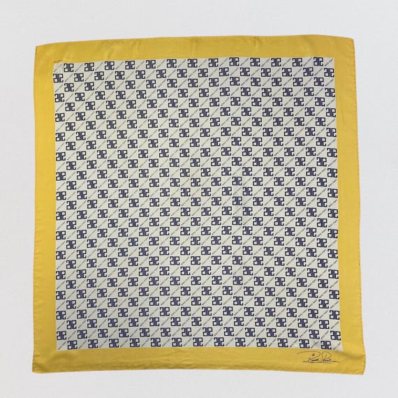 Vintage Rond Point Paris Geometric Monogram Silk Scarf – 1970s Off-White & Navy 2R Logo Square, Mustard Yellow Border Designer Neckwear