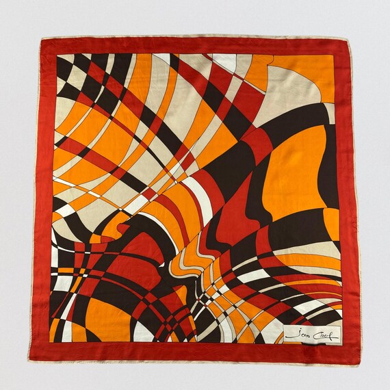 Vintage Jean Chef Silk Scarf Abstract Geometric Mod Op Art Orange Red Brown Square Head Wrap 31x30 1970s Retro Designer Silk Neckerchief
