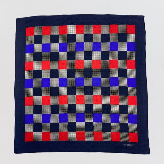 Vintage Givenchy Silk Scarf Red Blue Checkered Geometric Logo Print Large Square Neck Scarf Designer Silk Wrap Made in Japan Authentic