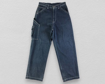 【U LAN】(UNISEX) Vintage Deki Washing Cargo Denim Pants Men's Jeans Retro Sag Loose Wide Leg Casual Large Pocket