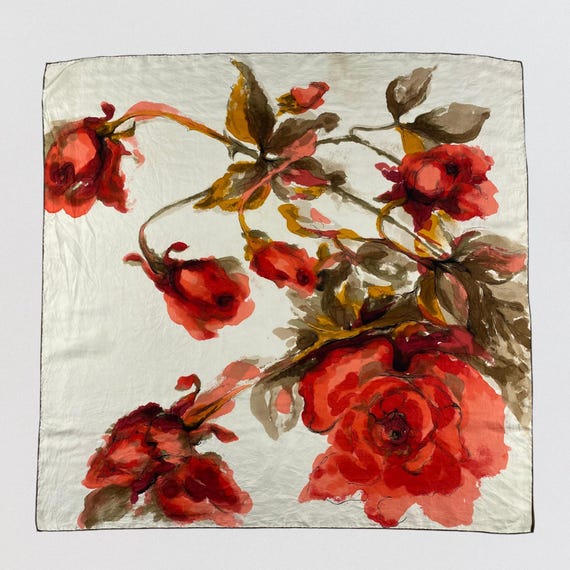 Vintage Red Rose Silk Scarf Large Square Watercolor Floral Scarf Hand Rolled Edge Botanical Retro Hair Wrap Neck Accessory 30" x 29"