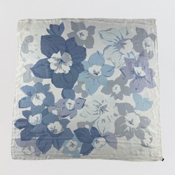 Vintage Y.N.S. Floral Silk Scarf Blue White Grey Large Square 30x30 Daffodil Flower Print Cottagecore Aesthetic Accessory Gift for Her