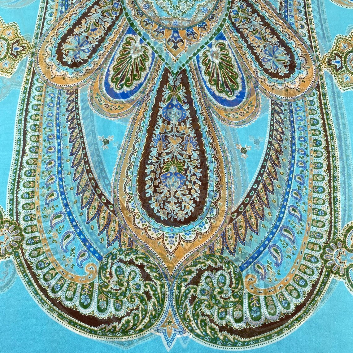 Vintage Italian Silk Paisley Scarf Turquoise Teal Green Blue Floral Oblong Wrap Stole Lightweight Fringe Shawl Luxe Designer Neck Headscarf, photo 4 sur 5