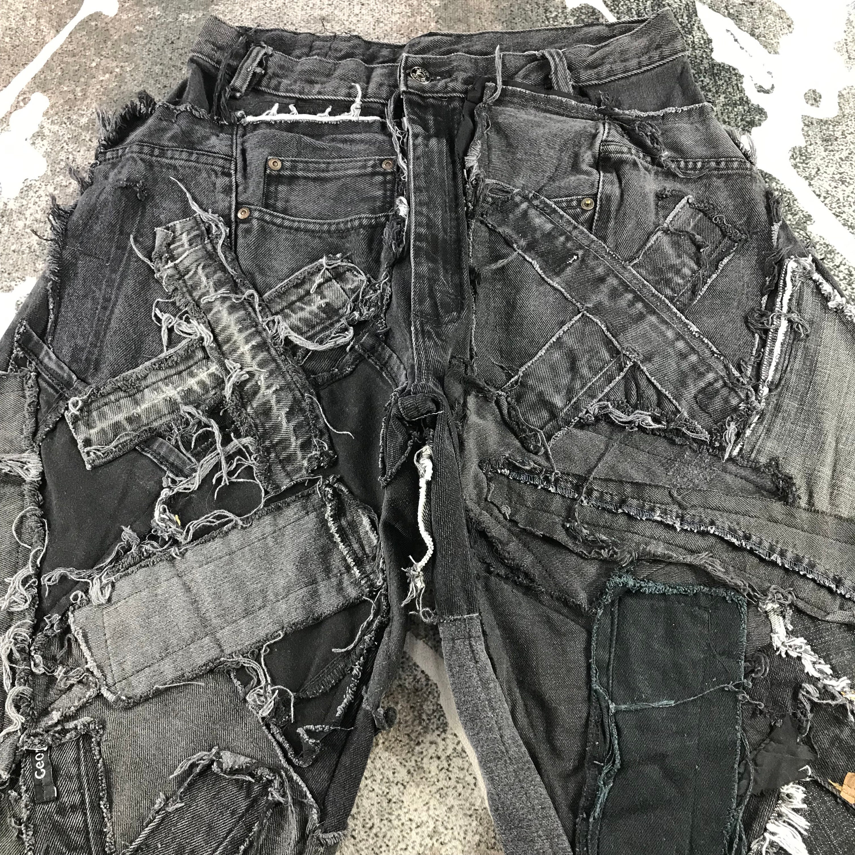 DARK FOG★Vintage patchwork ripped wide-leg jeans DF42 MEOKIM Men's & Women's Y2K Jeans - Retro Fashion Street