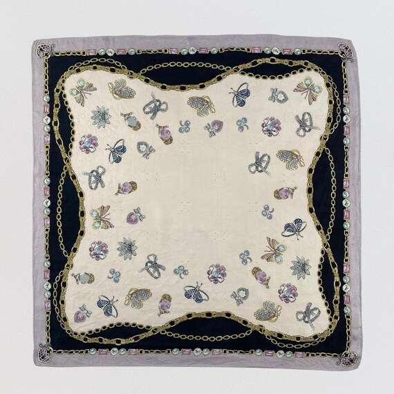 Vintage DAKS London Silk Scarf - Gold Chain Jewelry Gemstone Print - Lavender Black Square Neck Wrap - Butterfly & Bow Motif - 23x23"