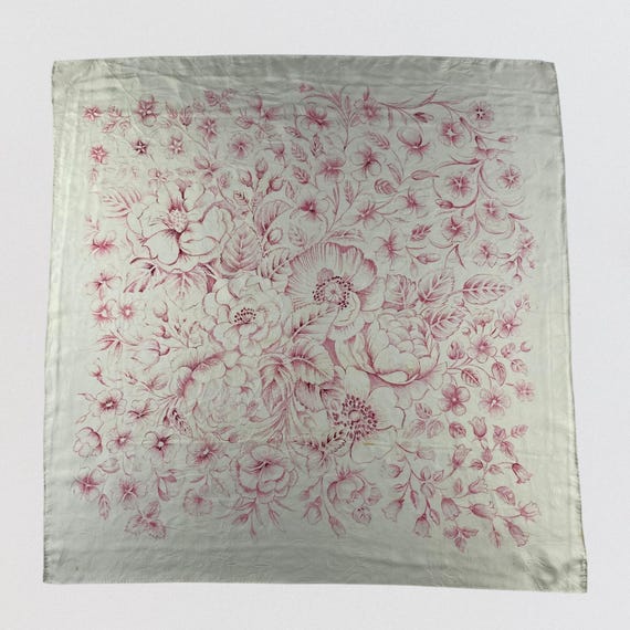 Vintage Pink Botanical Floral Silk Scarf 31x31 Large Square Cream Wrap 100% Pure Silk Rose Lily Botanical Print Cottagecore Shabby Chic