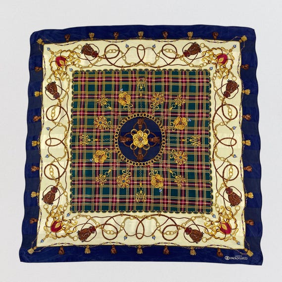 Vintage Paolo Gucci Scarf Silk Square Plaid Tartan Chain Tassel Print Navy Blue Cream Luxury Designer Neck Scarf Head Wrap 33.5x33 Inches