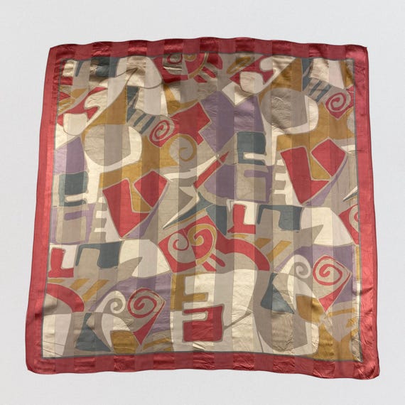 Vintage Moonbat Japan 100% Silk Scarf 34x34 Abstract Geometric Print Red Gold Metallic Pinstripe Large Square Scarf MCM Art Deco Style