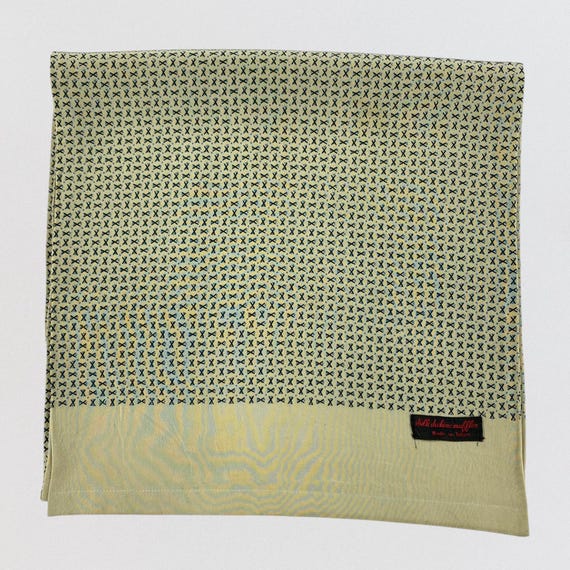 Vintage Silk de Chine Muffler Scarf Made in Tokyo, Sage Green Geometric Patterned Japanese Silk Neck Scarf, Unisex Retro Scarf, 44x11 Inches