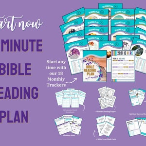Op de afbeelding: Een kleurrijk printbaar Bijbelleesplan met 18 maandelijkse trackers, 12 kalenderbladen, 4 kleurplaten, spirituele succesbladen en 12 Bijbelvers-flitskaarten. De tekst "Start now 15-MINUTE BIBLE READING PLAN" staat in de linkerbovenhoek van de afbeelding. De tekst "2021 IS HERE" staat in de rechterbovenhoek van de afbeelding.