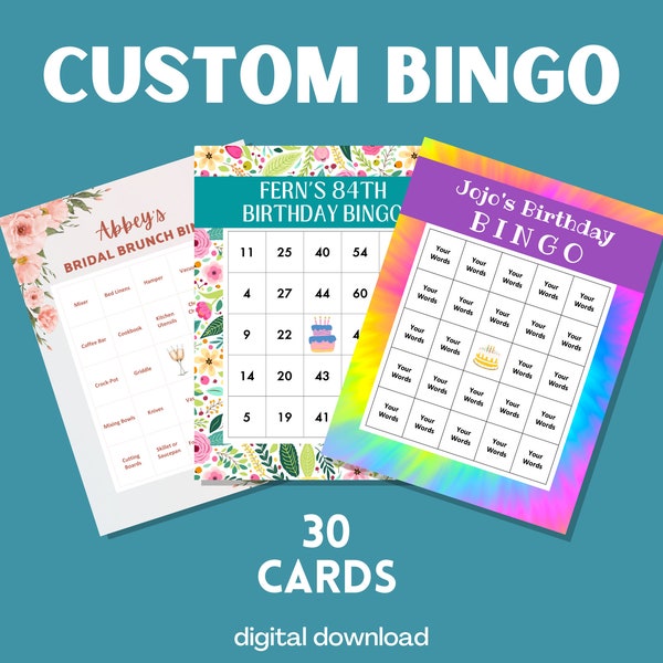 30 Custom Bingo Cards | Digital Download Bingo Cards for Birthday, Wedding, Conference Call, Baby Shower, Engagement