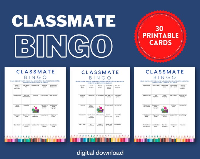 Classmate Bingo Game | Student Icebreaker Game | 30 Unique Cards | Digital Download