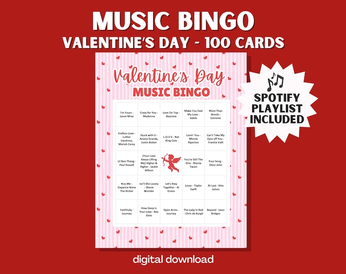 Valentine’s Day Music Bingo Game – 100 Unique Cards with Spotify Playlist | Printable Party Game
