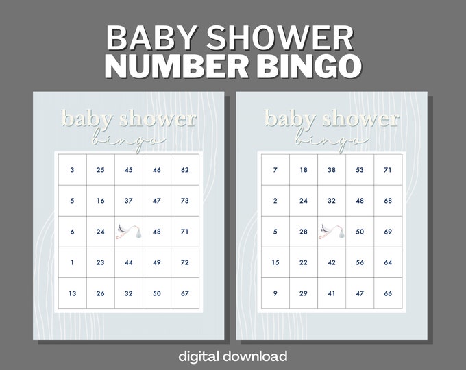 Baby Shower Bingo with Numbers - Boy Blue Wave - 100 Unique Cards - Digital Download