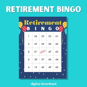 Bingo per festa di pensionamento con numeri / 100 carte digitali / Tema celebrativo / Download istantaneo / Divertente attività di addio