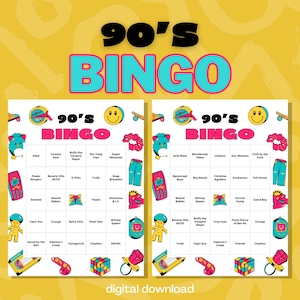 Bingo de los 90 - Lleno de nostalgia de los 90 - Hasta 30 jugadores - 30 cartas únicas - Descarga digital