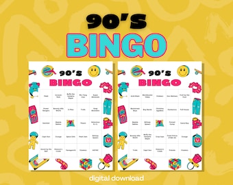 Bingo de los 90 - Lleno de nostalgia de los 90 - Hasta 30 jugadores - 30 cartas únicas - Descarga digital