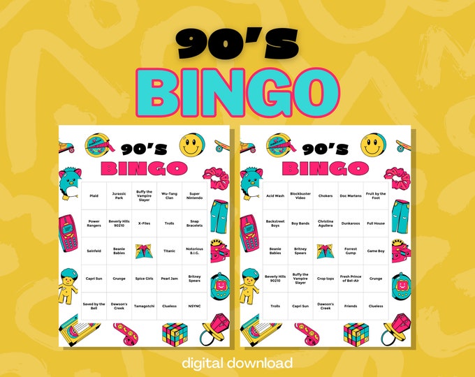 1990's Bingo - Full of 90's Nostalgia - Up to 30 Players - 30 Unique Cards - Digital Download