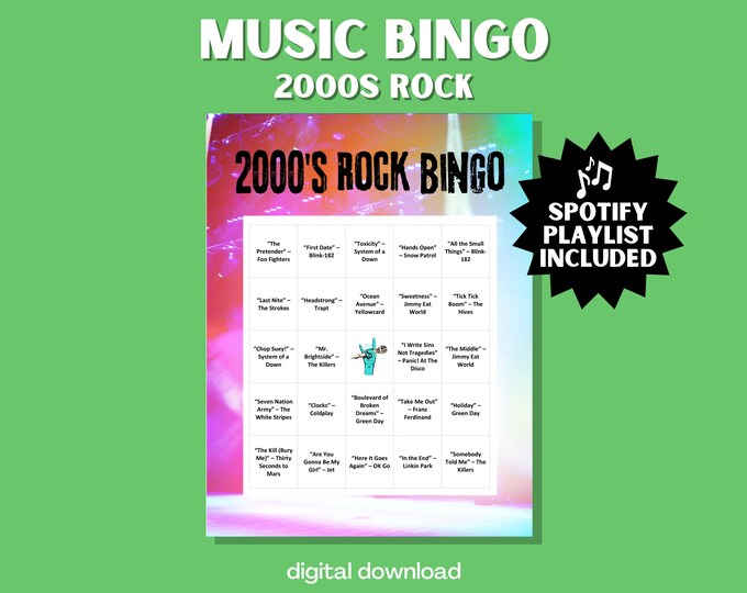 2000s Rock Anthems Music Bingo Game - 30 Unique Cards with Spotify Playlist Featuring Linkin Park, Green Day, The Killers & More