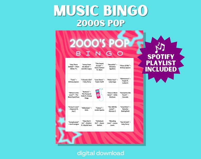 2000s Pop Party Music Bingo Game - 30 Unique Cards with Spotify Playlist Featuring Britney, Beyoncé, and More